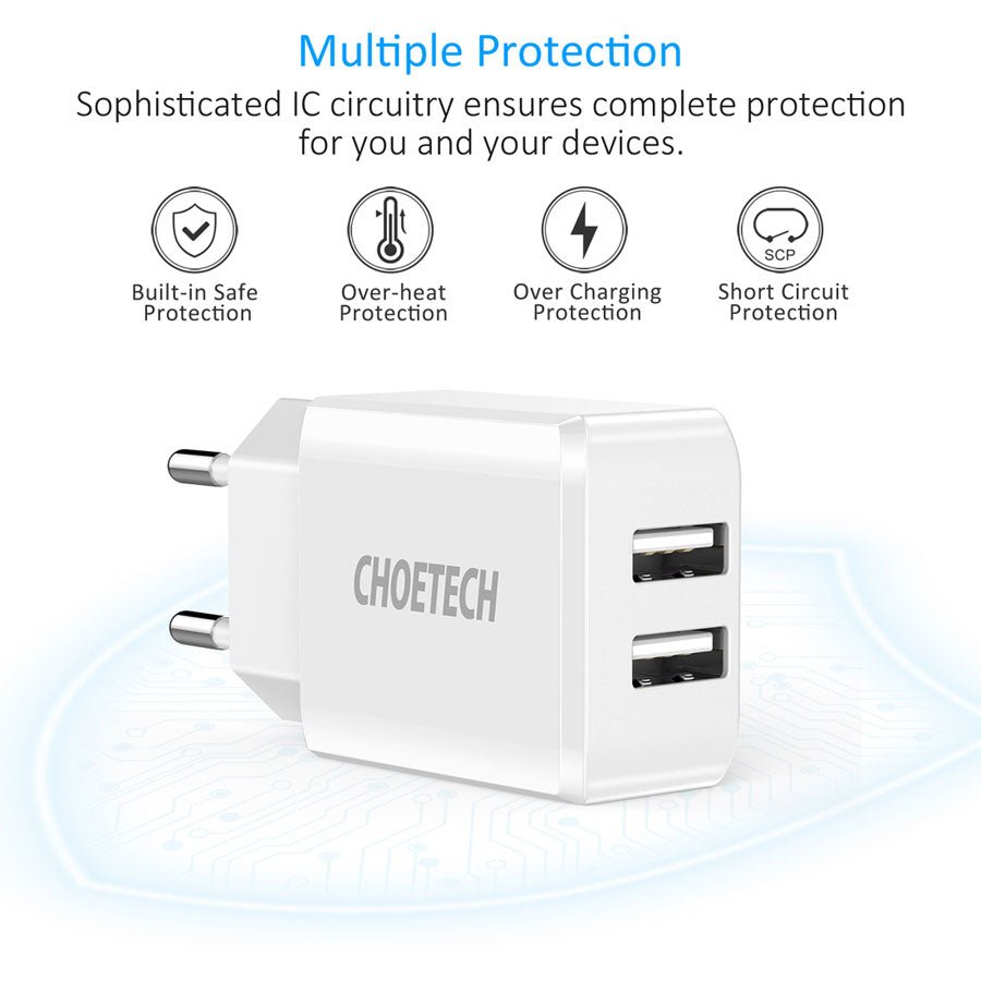 Choetech 10W 2-Port Vægoplader, Hvid - HjemTek