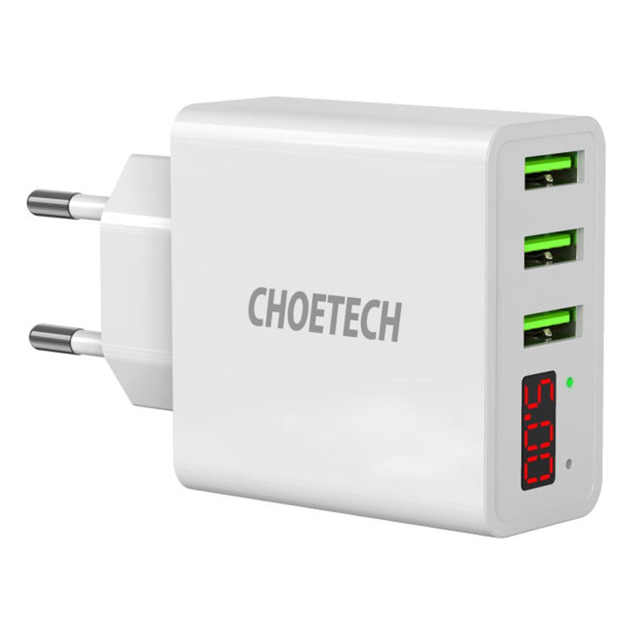 Choetech 15W 3-Port USB-A Vægoplader m. Display, Hvid - HjemTek