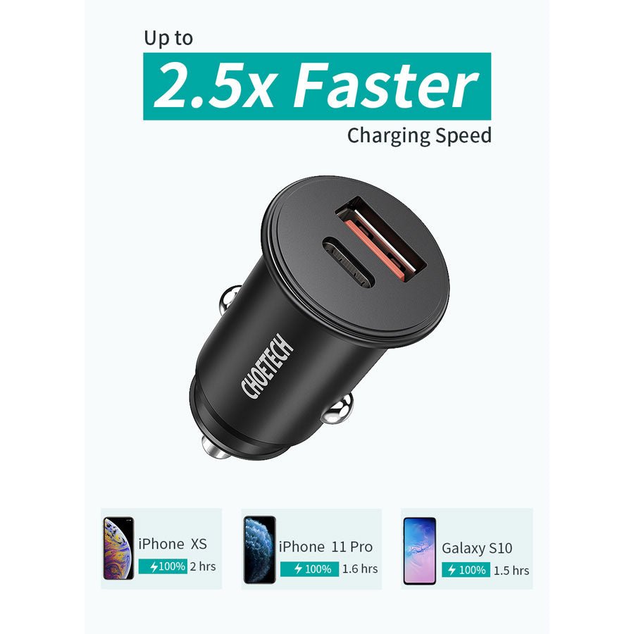 Choetech 30W USB-C PD+ USB-A QC Car Charger, Sort - HjemTek